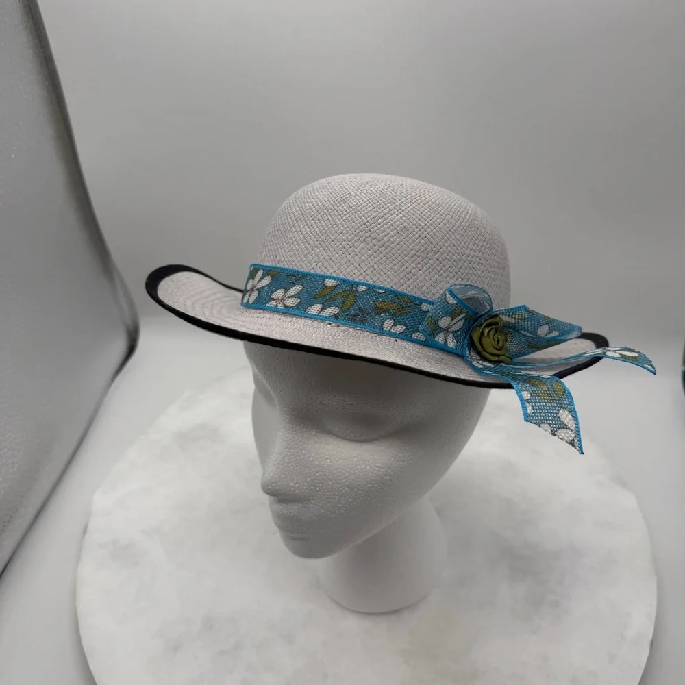 Little Girls Chic Gray and Blue Hat with Polka Dot Ribbon 2-3T